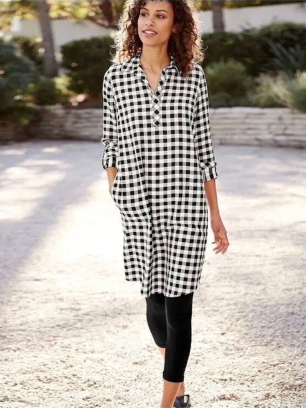 J.Jill Black White Buffalo Plaid Rayon Shirt Dress Pockets Size XL Tall